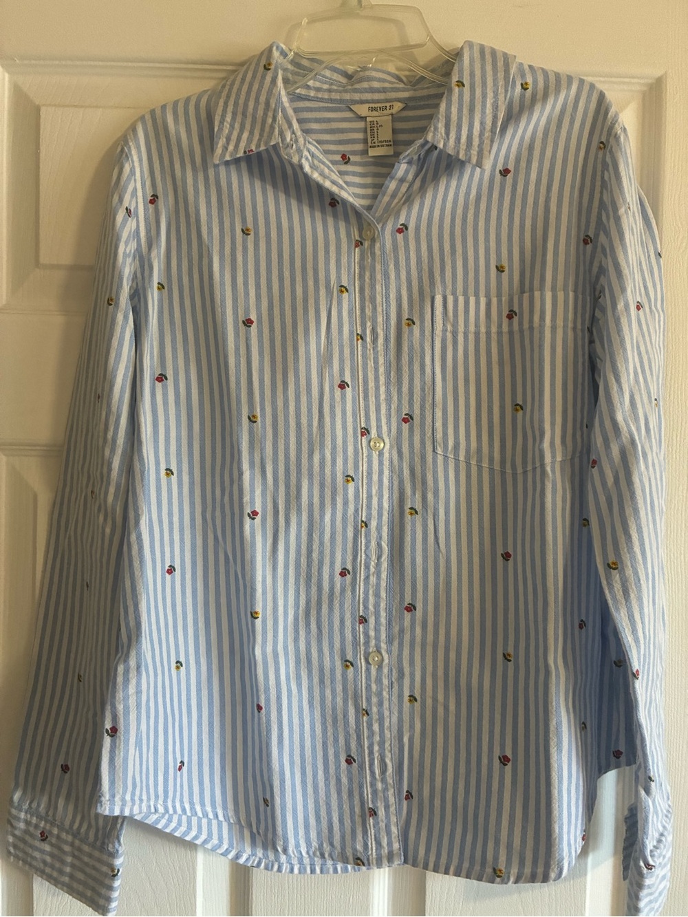 Light Blue Striped Button-Up Shirt with Flowers - Forever 21
